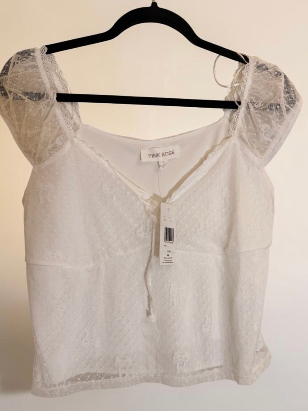 (Size L)Pink Rose White Lace Flutter Sleeve Tie-Front Top NWT